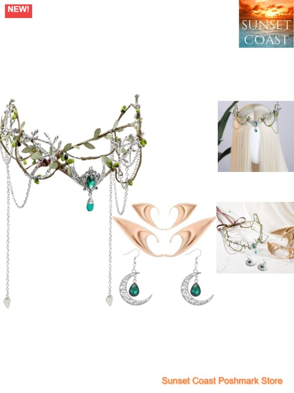Medieval Renaissance Accessory Set Elf Crown Ears Moon Earrings
